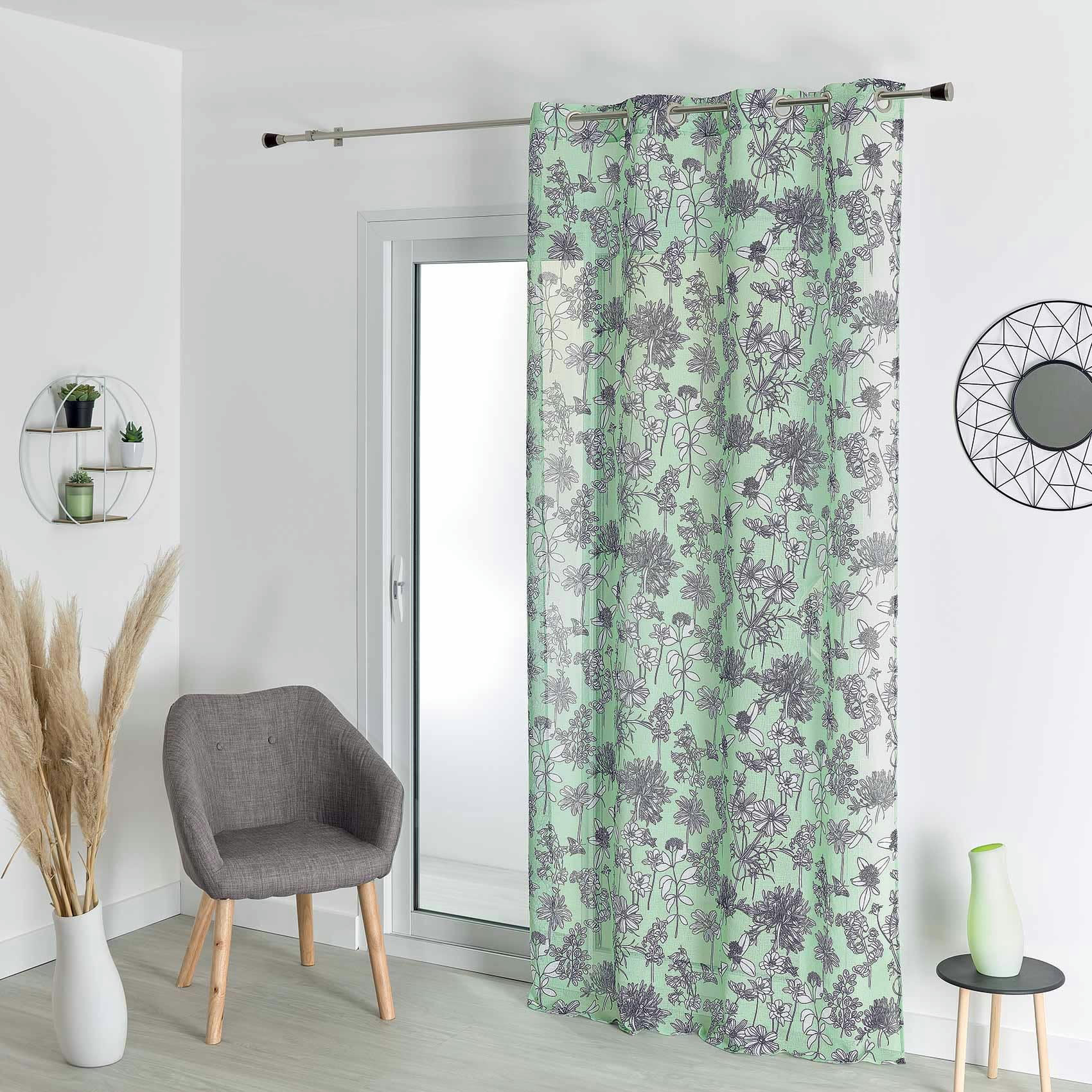 - Voilage en étamine fleurie polyester céladon 140x240 cm