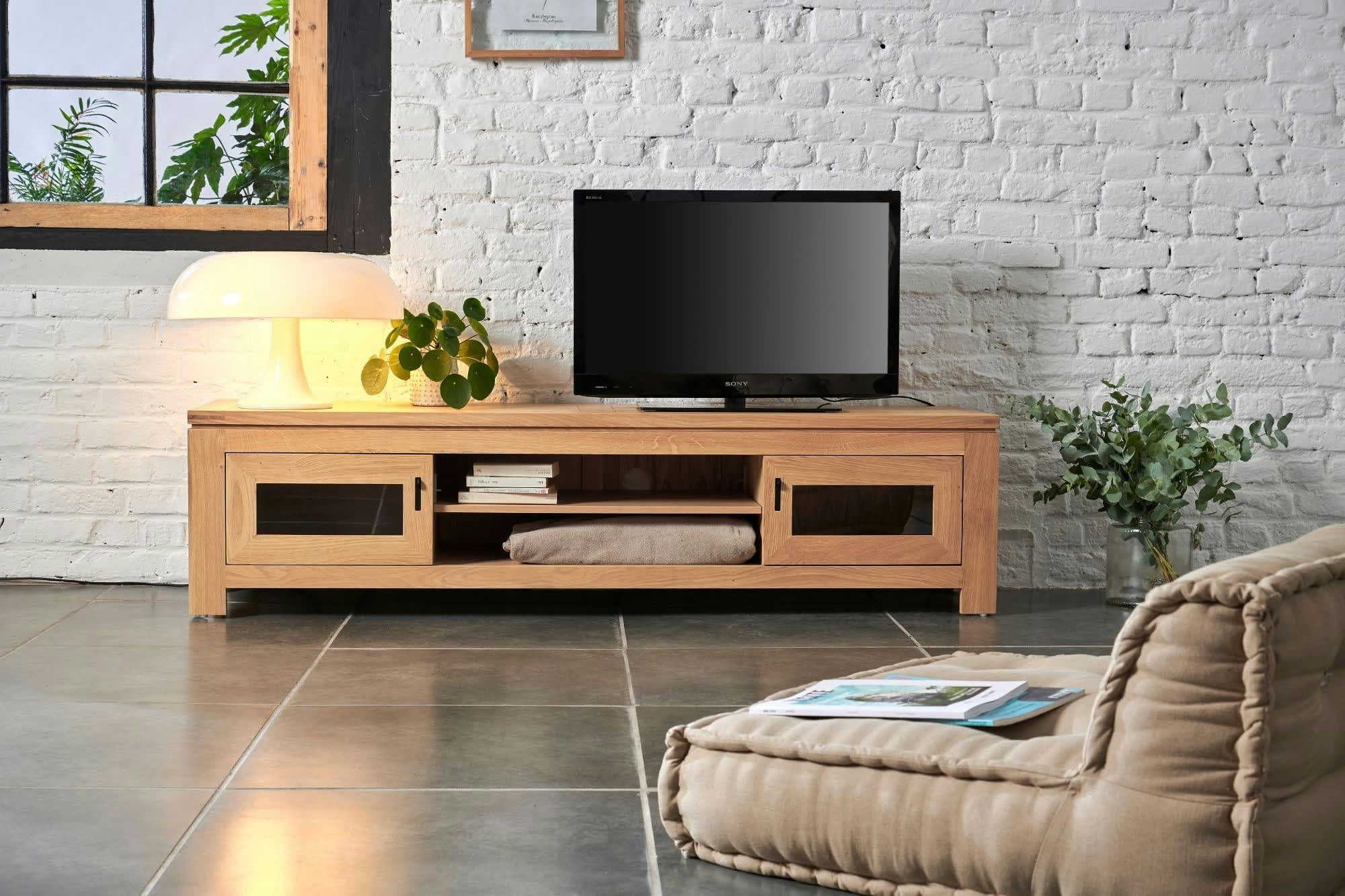 BOSTON - Meuble TV bas moderne en chêne clair L180