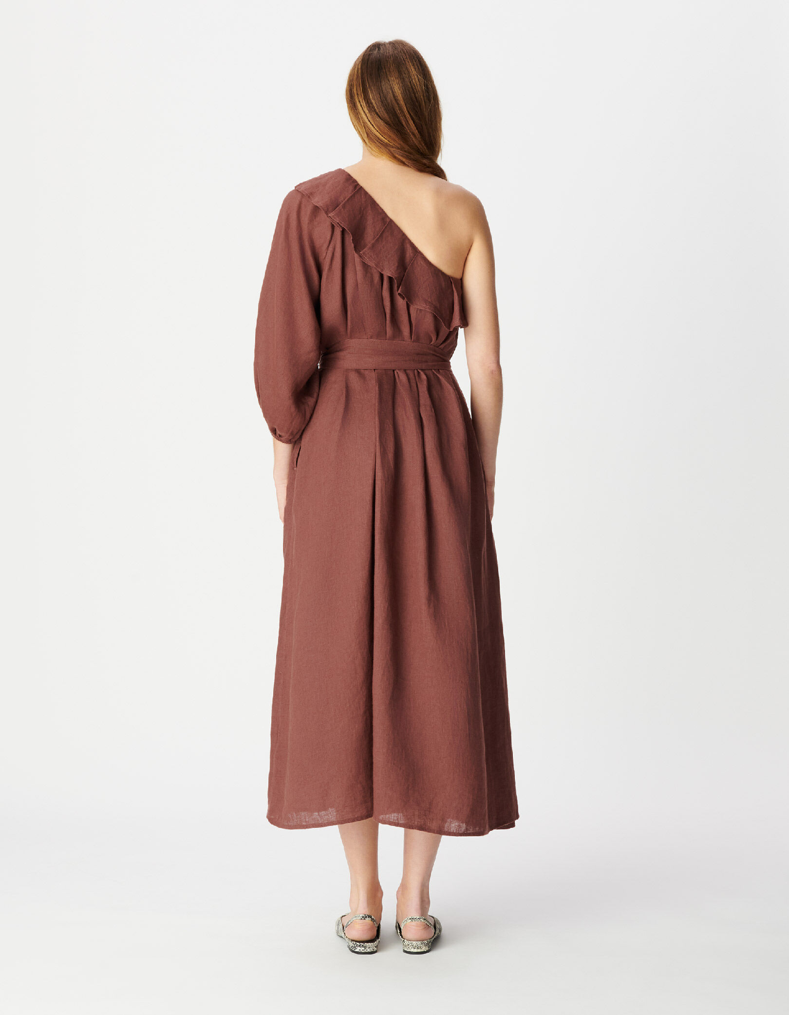 Robe midi asymétrique magnum lin à volant Femme