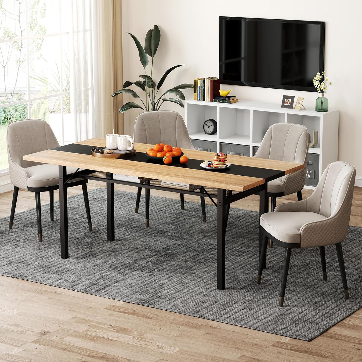 Giantex 71 Dining Table for 6-8 People, Large Kitchen Table with Heavy-Duty Metal Frame, Storage Rack, Industrial Rectangular Dinette Table for Dinner Dining Room Living Room Conference