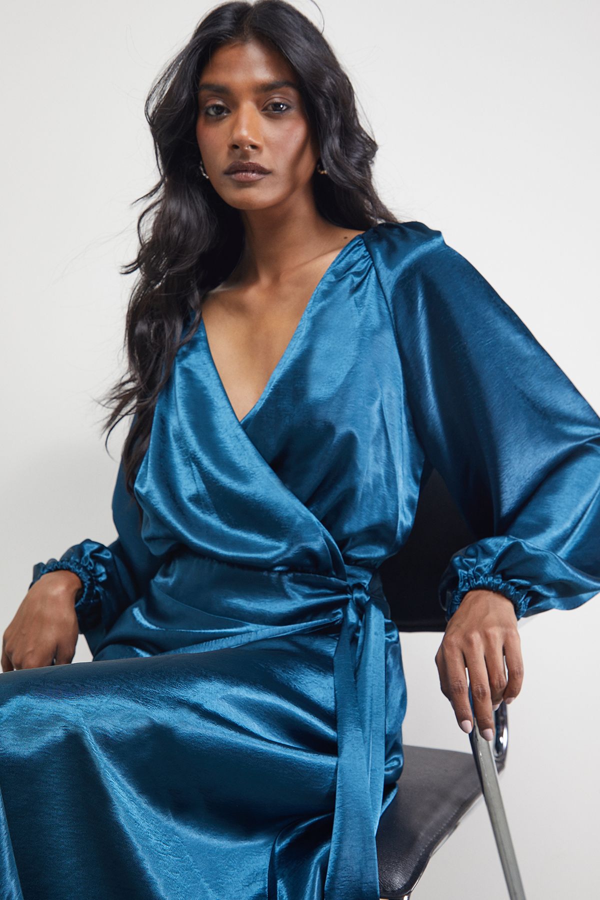 Warehouse Satin Tie Waist Wrap Ruffle Tier Maxi Dress