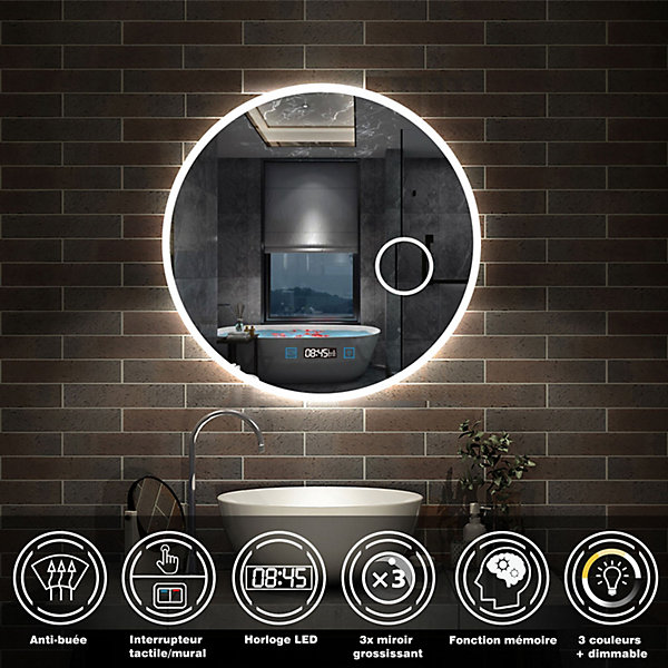 Miroir rond de salle de bain 80cm LED tricolore horloge   loupe   anti-buée   mémoire, AICA SANITAIRE