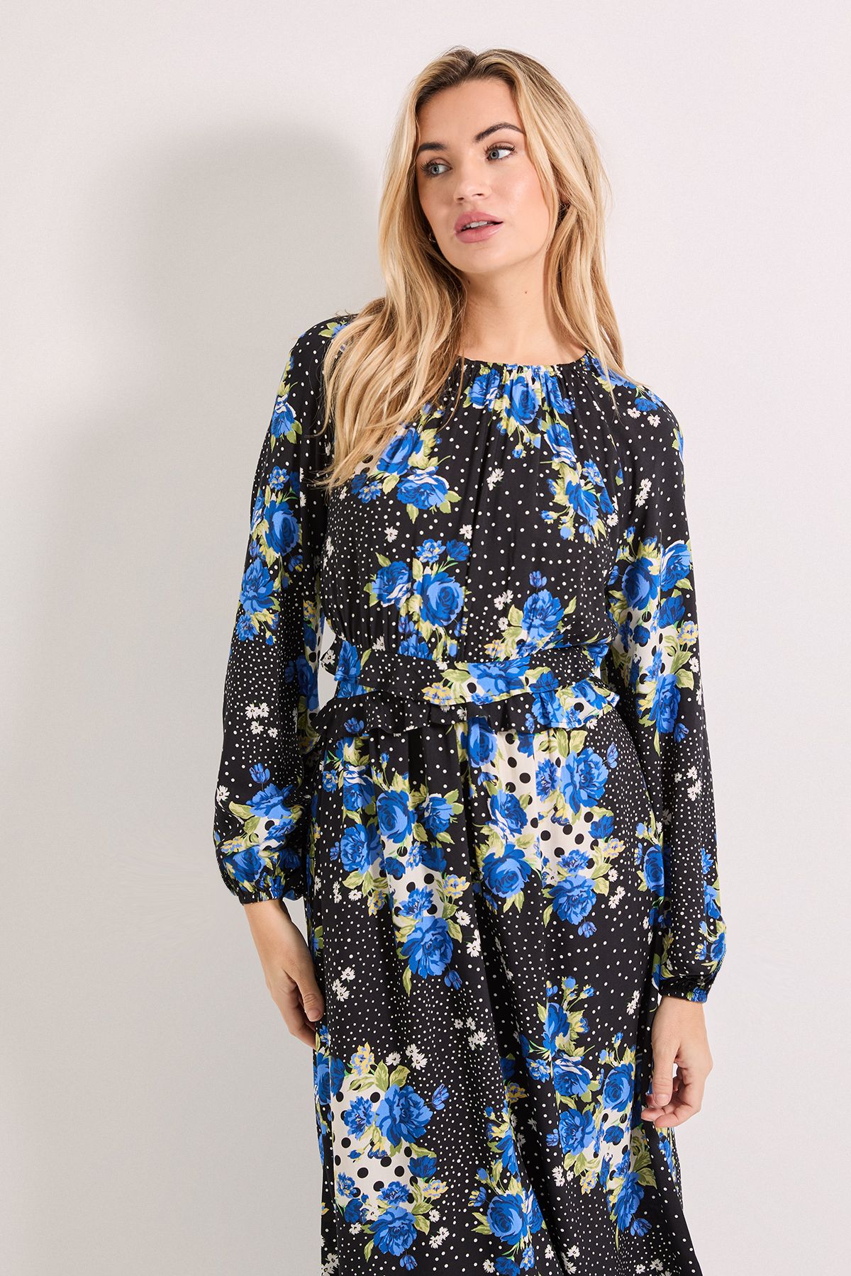 Dorothy Perkins Floral Spot Frill Waist Detail Blouson Sleeve Midi Dress