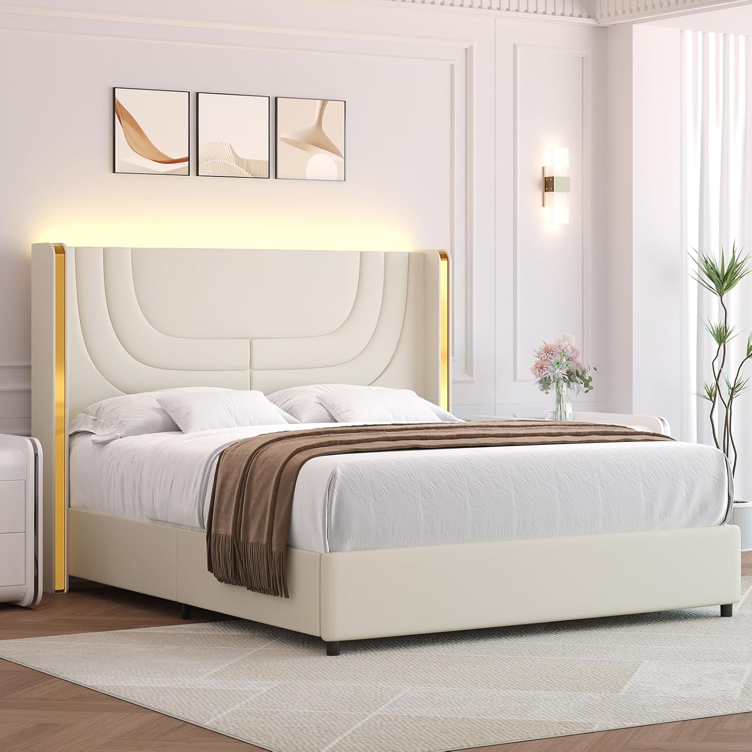 Queen Bed Frame with LED Lights, Faux Leather Upholstered Platform with Silver Wingback Headboard, Modern Style, No Box Spring Needed, Easy Assembly, Cream