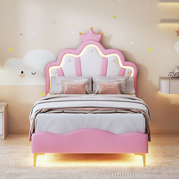 Lit capitonné 90 x 200 cm,en forme de couronne,en cuir PU,lit LED avec sommier à lattes,rose
