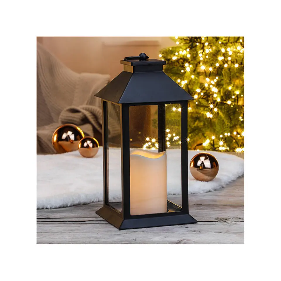HI Lantaarn - zwart - kaars met LED verlichting - 33 cm