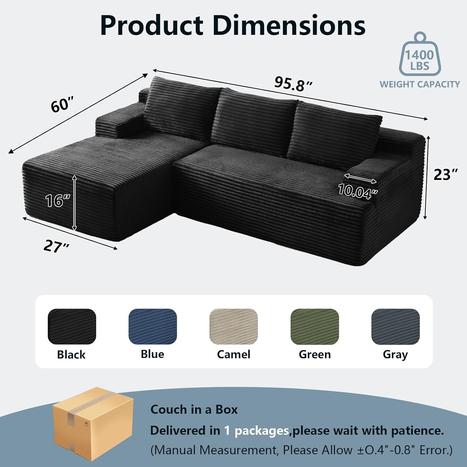 96 Cloud Sectional Couch with L-Shape Chaise, Modern Corduroy Boneless Couch for Living Room,Memory Foam Sofa with Deep Seat,No Assembly Required (Black,Left-Facing Chaise)