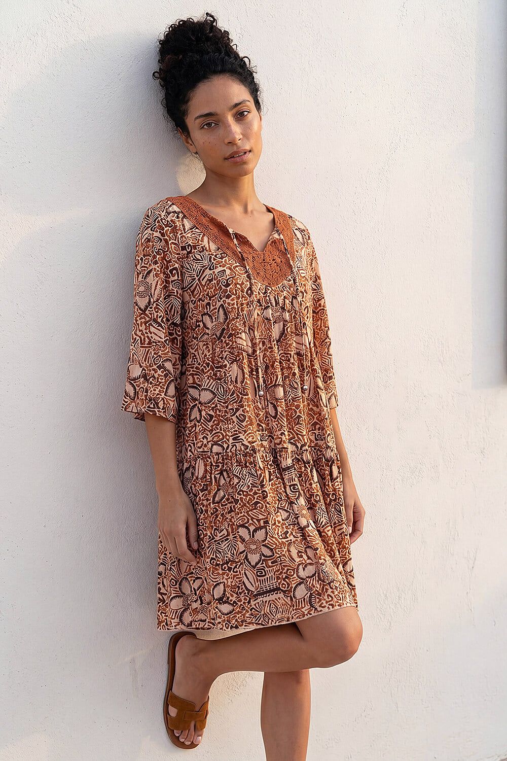 Roman Abstract Print Trim Detail Tie Front Dress