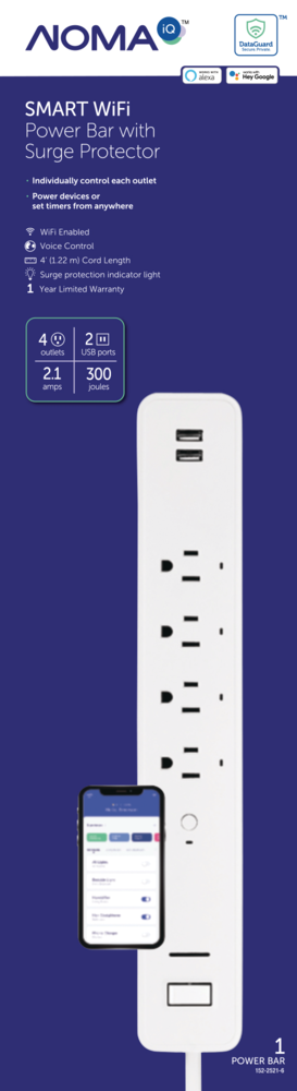 NOMA iQ 4-Outlet & 2 USB Port Smart Wifi Power Bar w/ Surge Protector, 4-ft Cord, 300 Joules, Alexa and Google Assistant Compatible, White