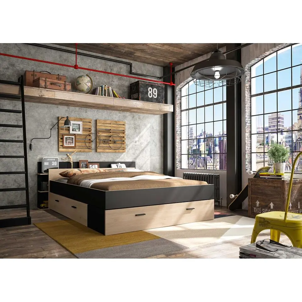 Bed met opbergruimte Eveline 160x200 - zwart/kastanjehout