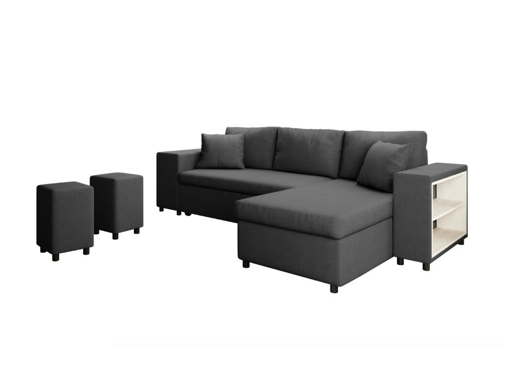 MADY - Canapé d'angle convertible gris foncé avec rangement poufs à gauche