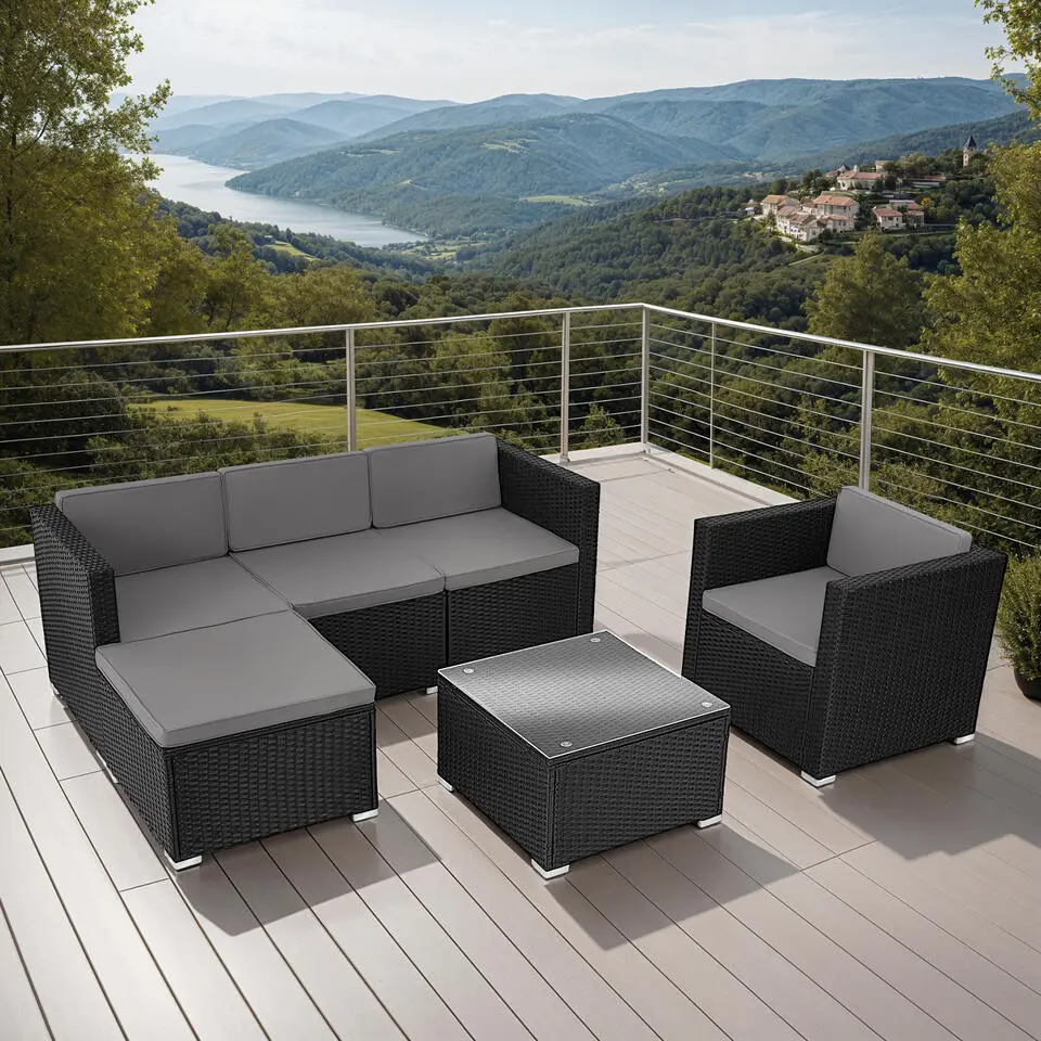 tectake Wicker lounge Lignano met fauteuil, Zwart