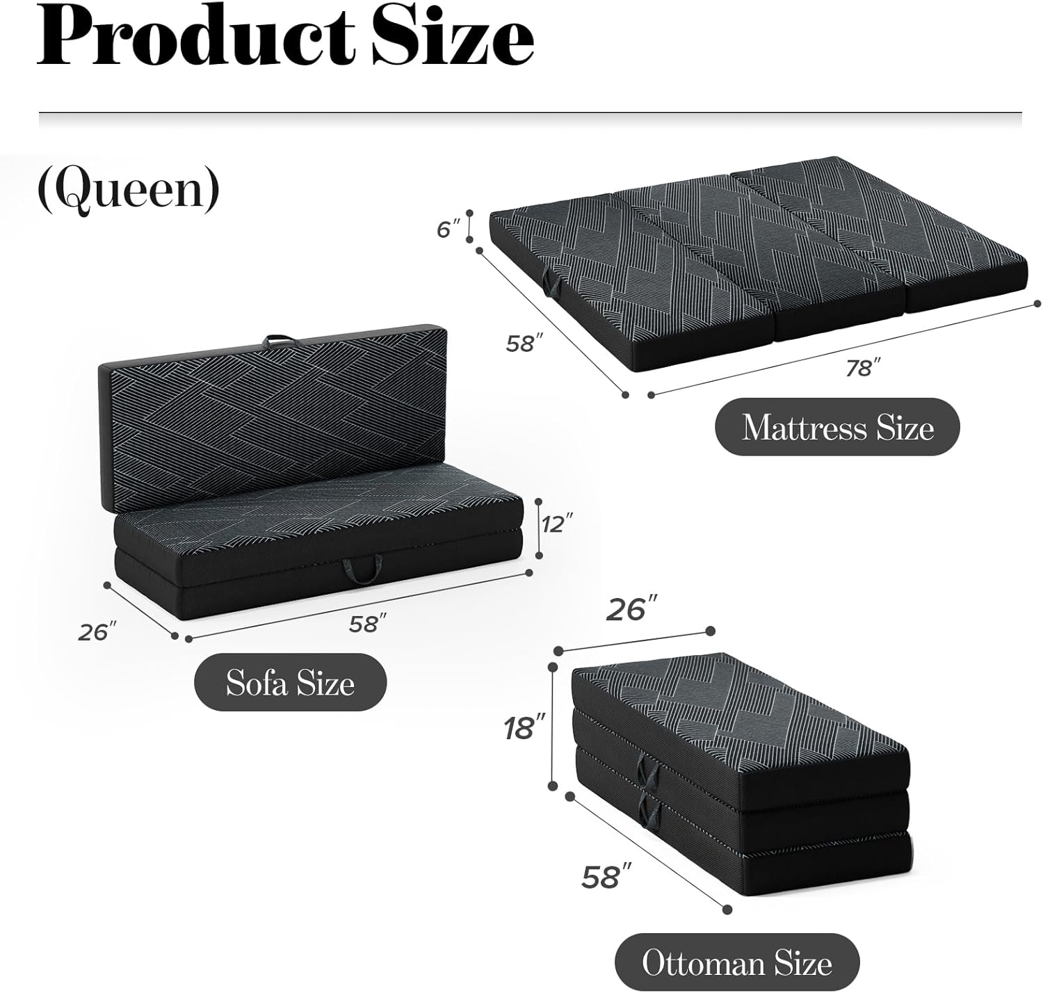 Tri Folding Mattress Queen Size - Foldable Mattress Trifold Memory Foam Mat with Washable Cover, Handle & Non-Slip Bottom Portable Foldable Floor Sofa Bed for Travel Camping Guest - 6 Inch, 78x58x6