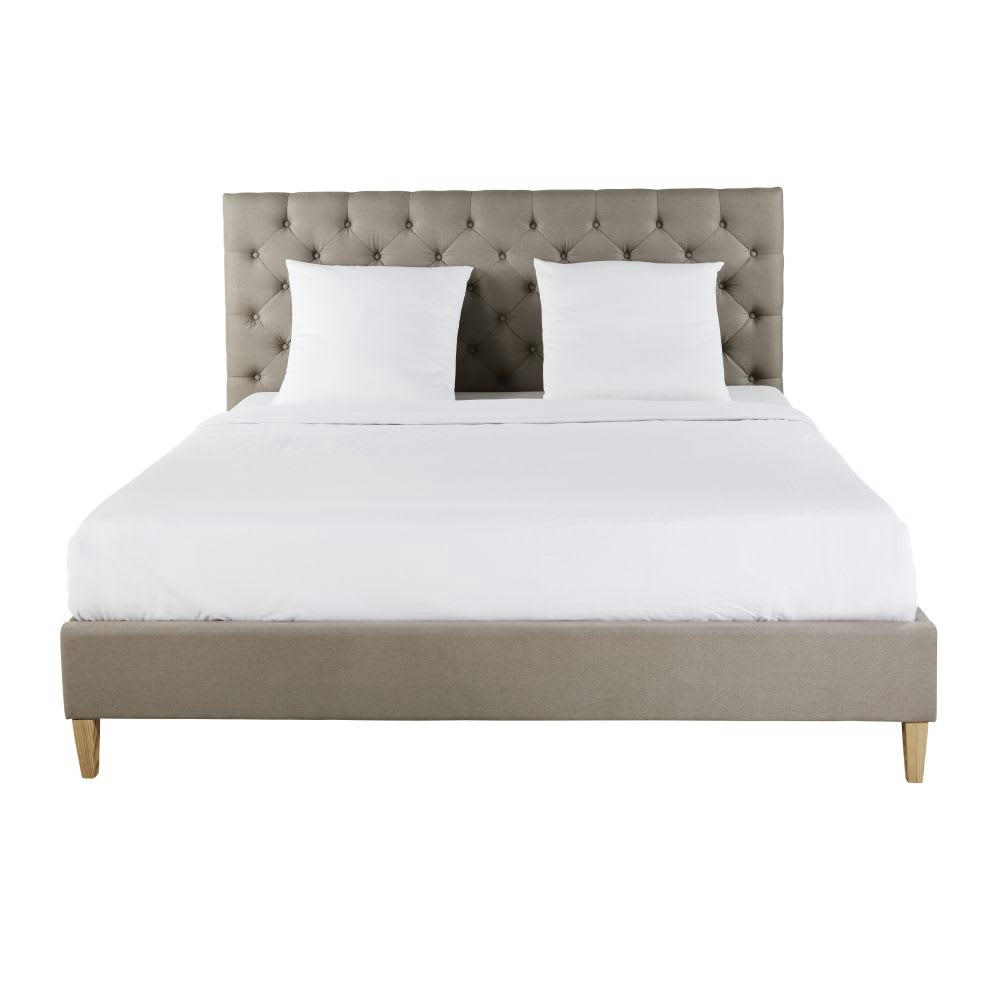 Chesterfield - Lit capitonné en lin avec sommier à lattes taupe 140x190