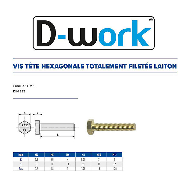 50 Vis Métaux Tête Hexagonale F/Total 10 x 45 mm - DIN 933 - Laiton - D-Work