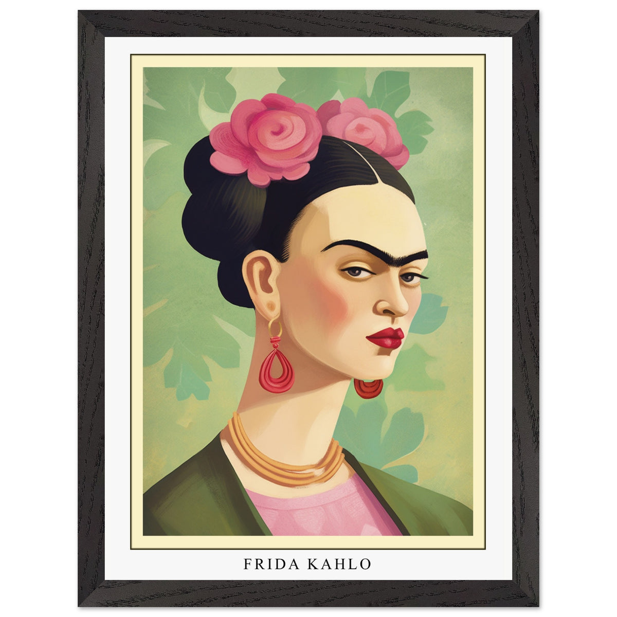Artfulprints Poster met Lijst Frida Kahlo - Floral icon portrait  - 30x40 cm - Groen
