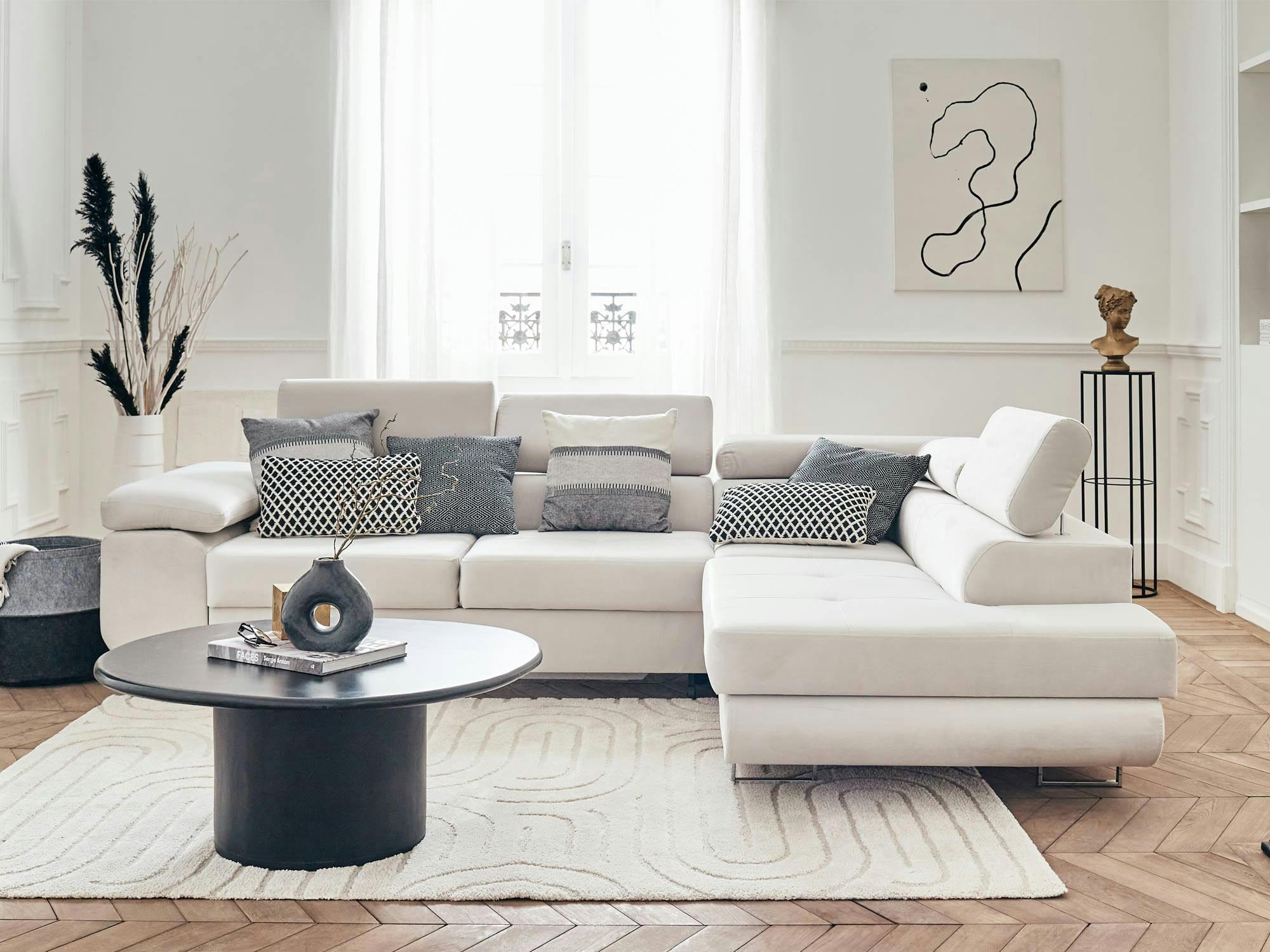 PABLO - Canapé d'angle droit convertible 5 places en velours beige