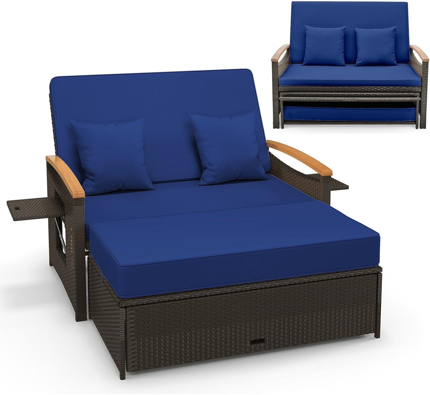 Moccha Outdoor Wicker Daybed, Patio Rattan Loveseat Sofa w/ 4-Level Adjustable Backrest, Folding Panels, Storage Ottoman  Cushions, Lounge Furniture Set for Poolside Backyard Porch (Beige)(Navy)