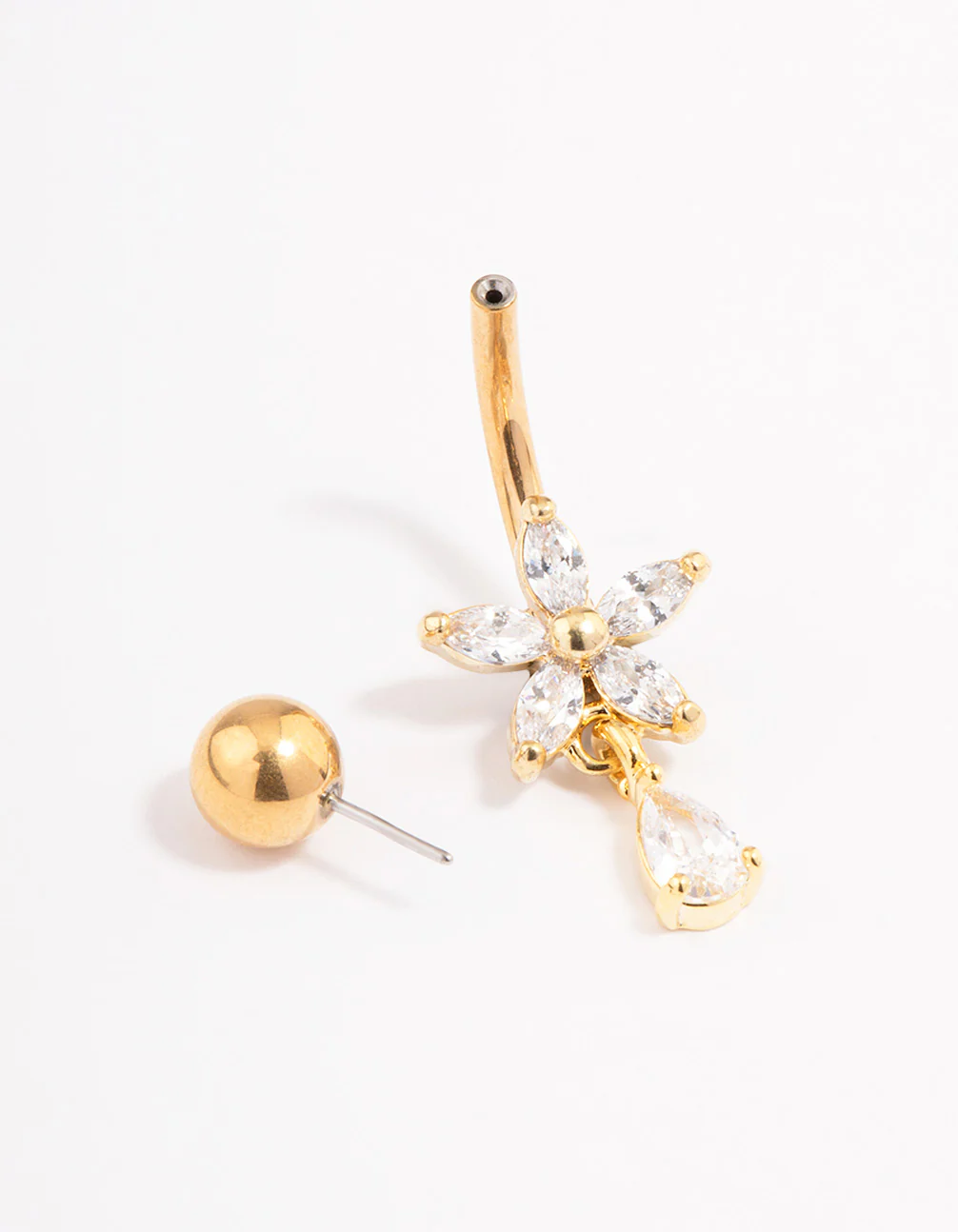 Gold Plated Surgical Steel Cubic Zirconia Flower Pear Threadless  Belly Bar