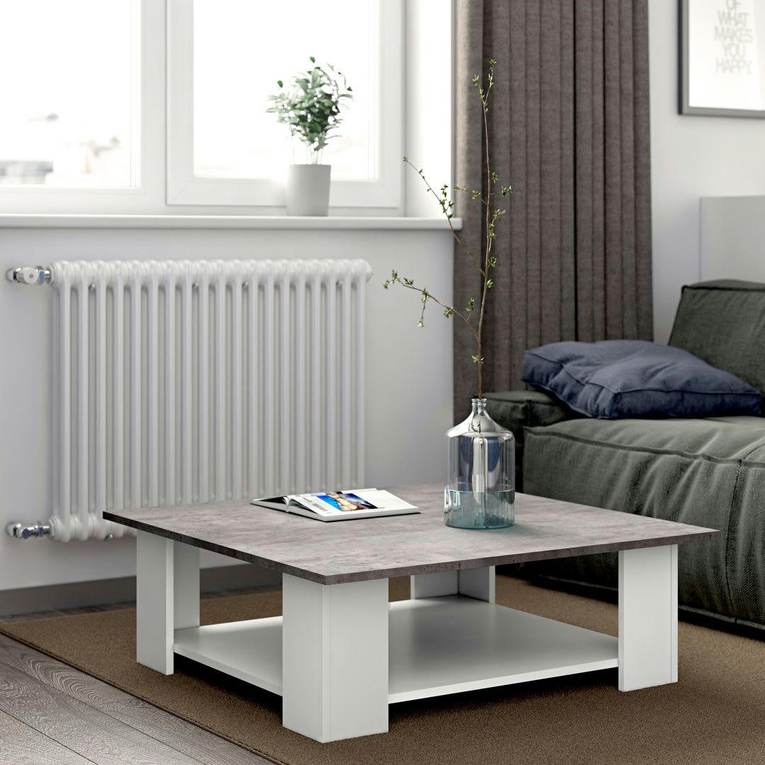 SQUARE - Table basse effet bois blanc et béton