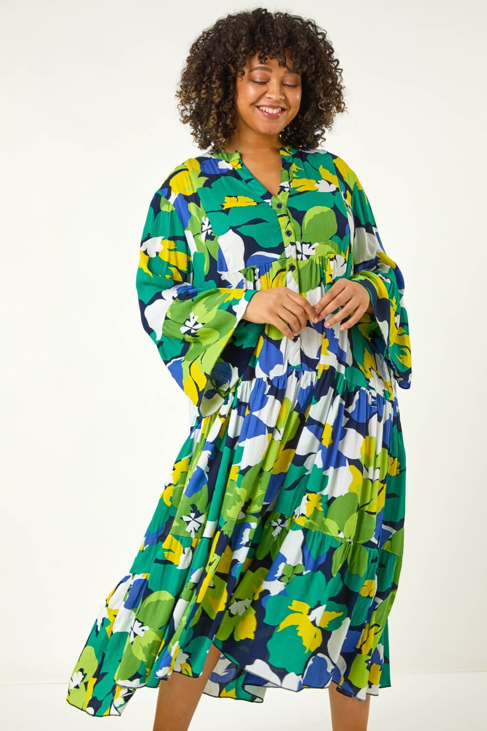 Roman Curve Floral Print Tiered Dress
