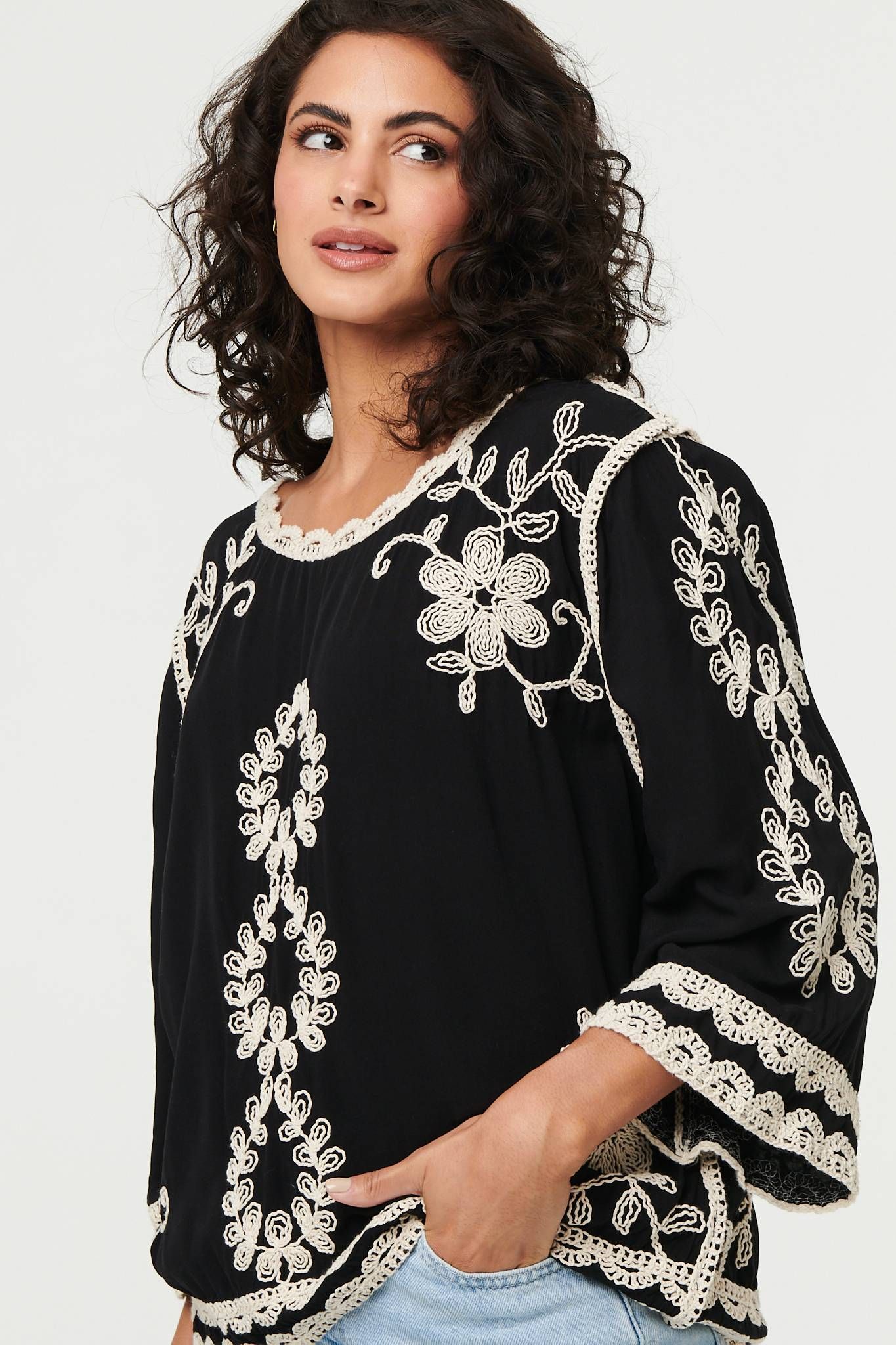 Izabel London Floral Embroidered 3/4 Sleeve Blouse