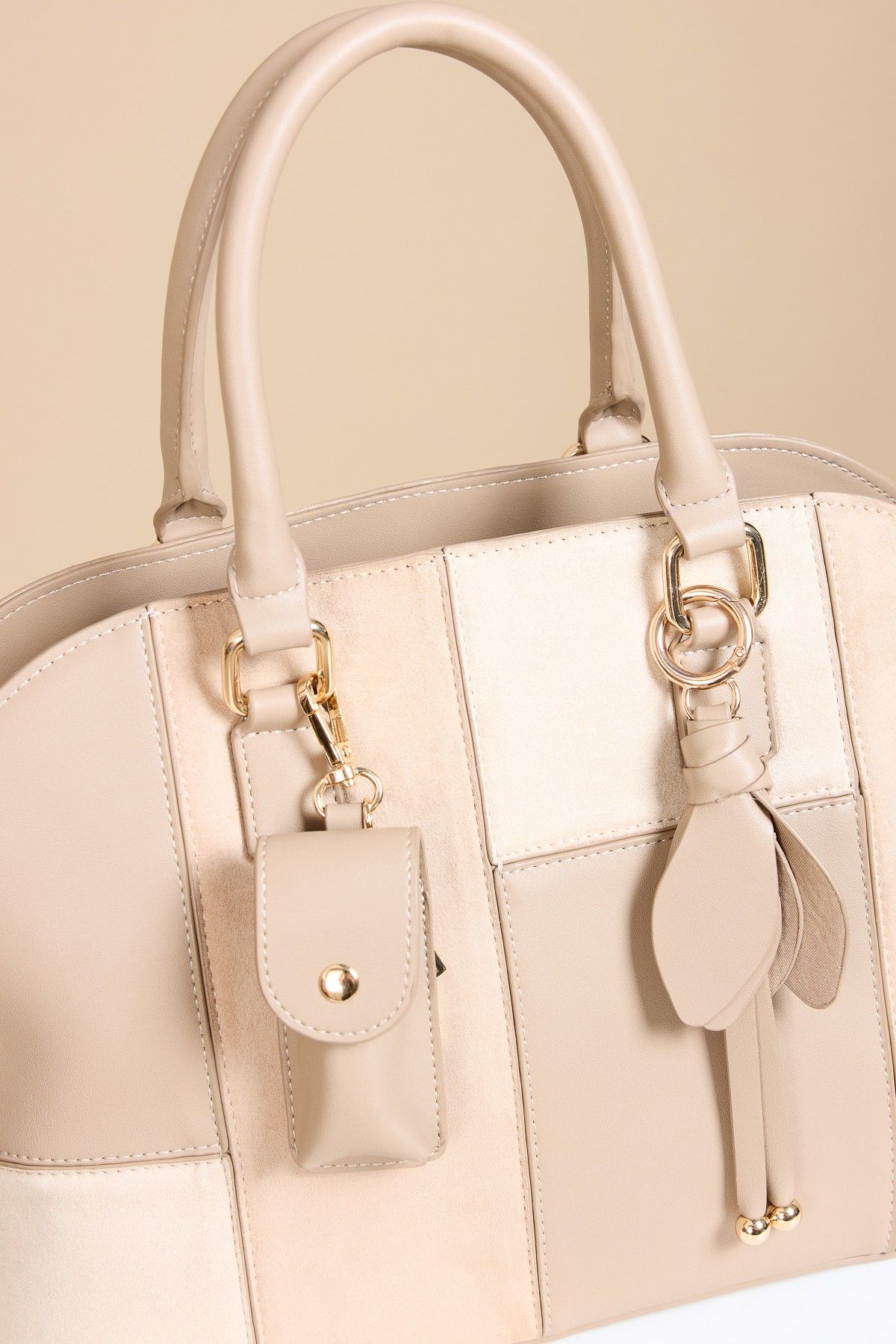 Little Mistress Beige Faux Leather & Suede Patchwork Midi Tote