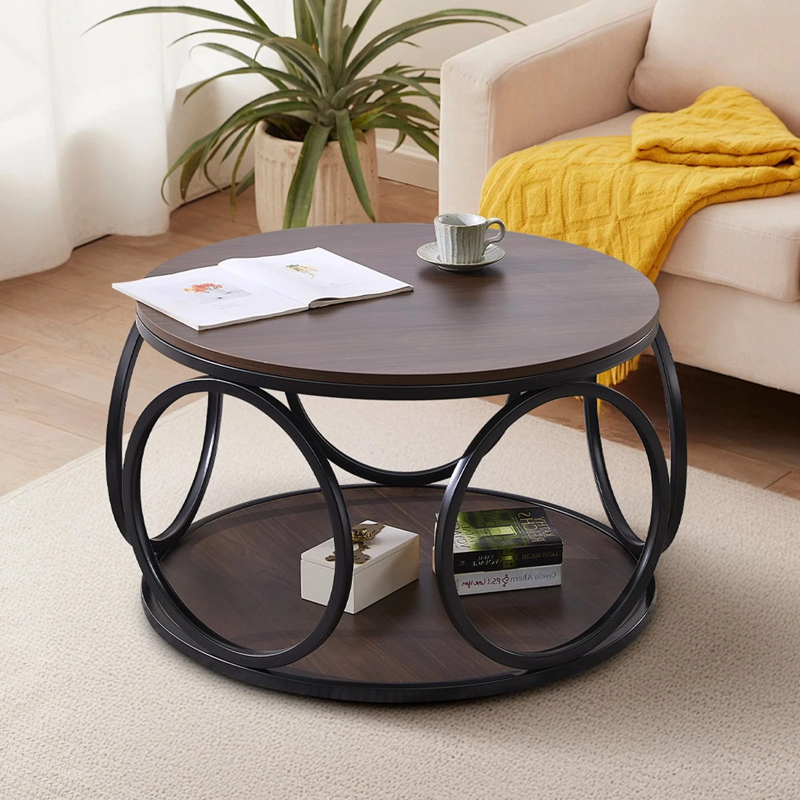 2-Tier Round Industrial Coffee Table with Metal Frame - 31.5Dia x 18.7H