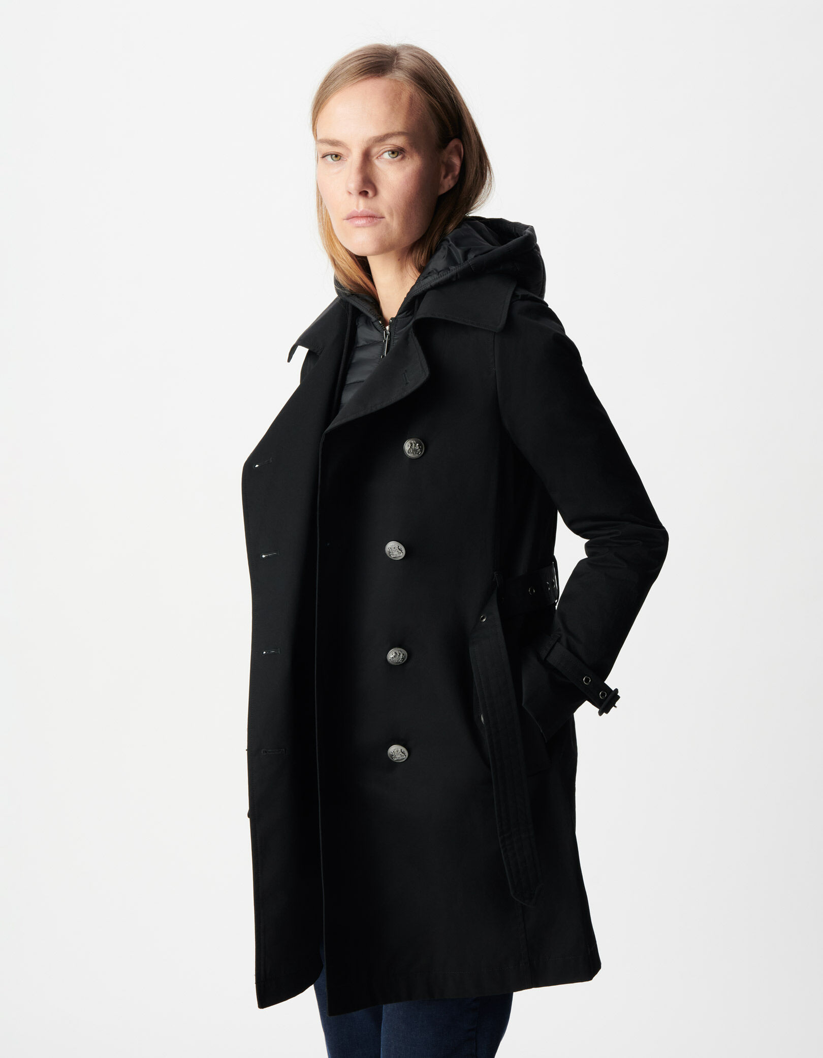 Trench noir capuche nylon amovible Femme