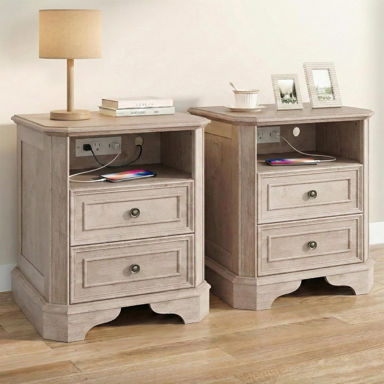 24 Greige Oak Nightstand with Charging Station, Set of 2 Rustic Farmhouse Bedside Table with 2 Drawers and Open Shelf, Distressed Wood End Table with Outlets and USB Ports