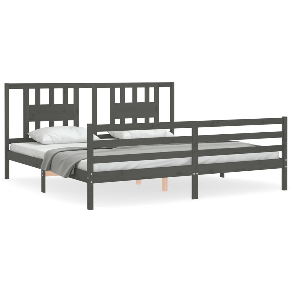 Rama łóżka z wezgłowiem szara 200x200 cm lite drewno