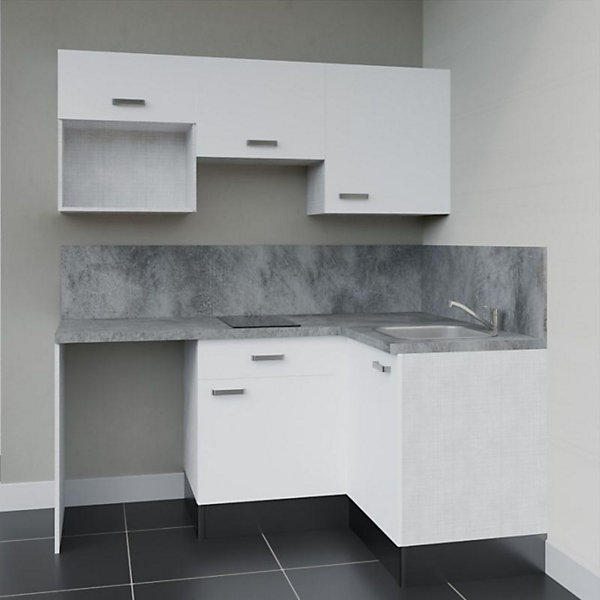 Kitchenette KA03 - 128 cm - Façades : Blanc - Plan de travail : Gris béton - Crédences : Oui - Evier