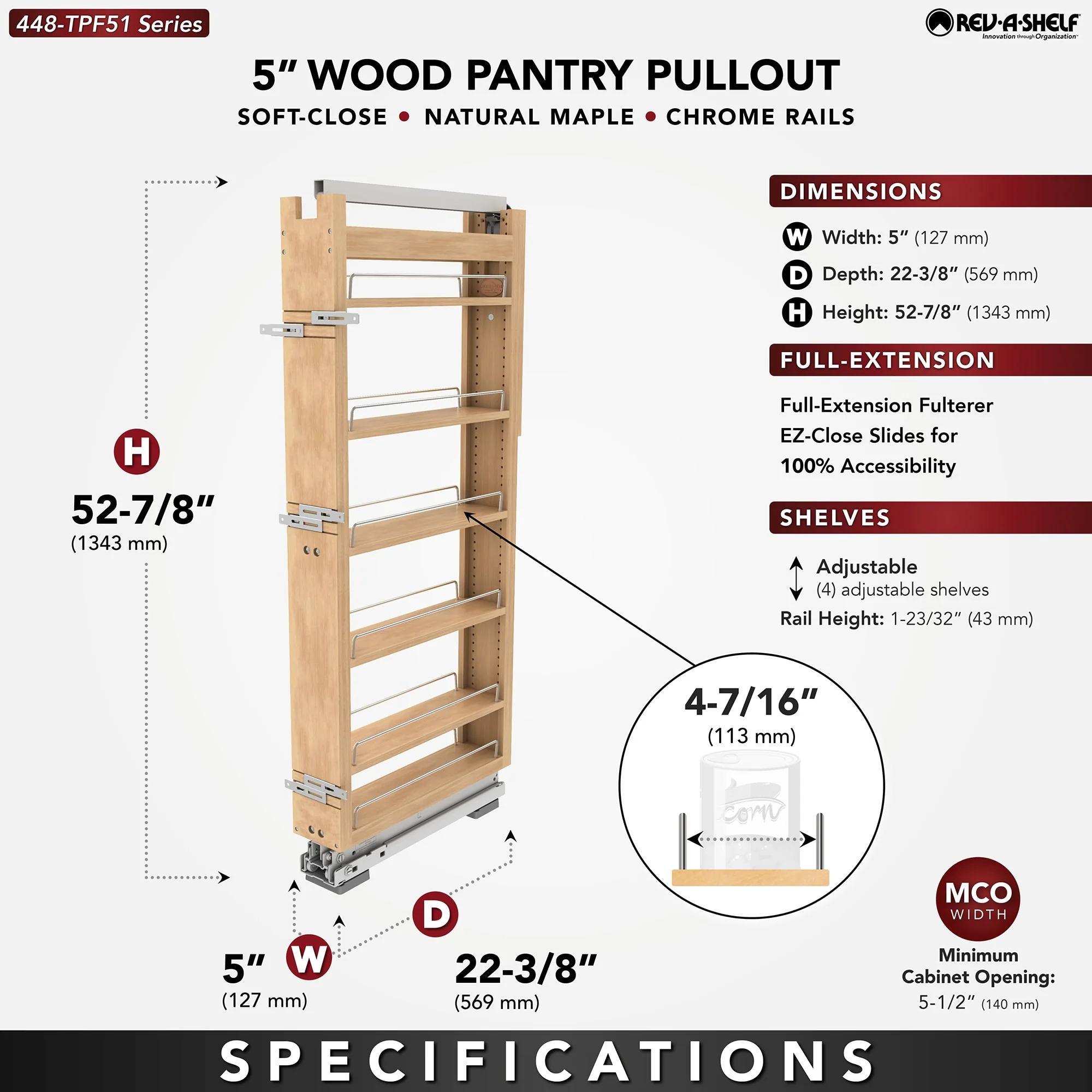 Rev-A-Shelf 448-TPF51-5-1 Wood Classics 5W x 53H Soft Close Pull Out