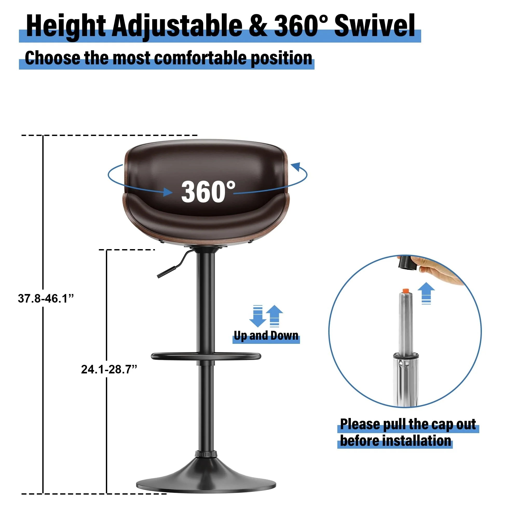 Bar Stools Adjustable Height Swivel Faux Leather Armless Barstools