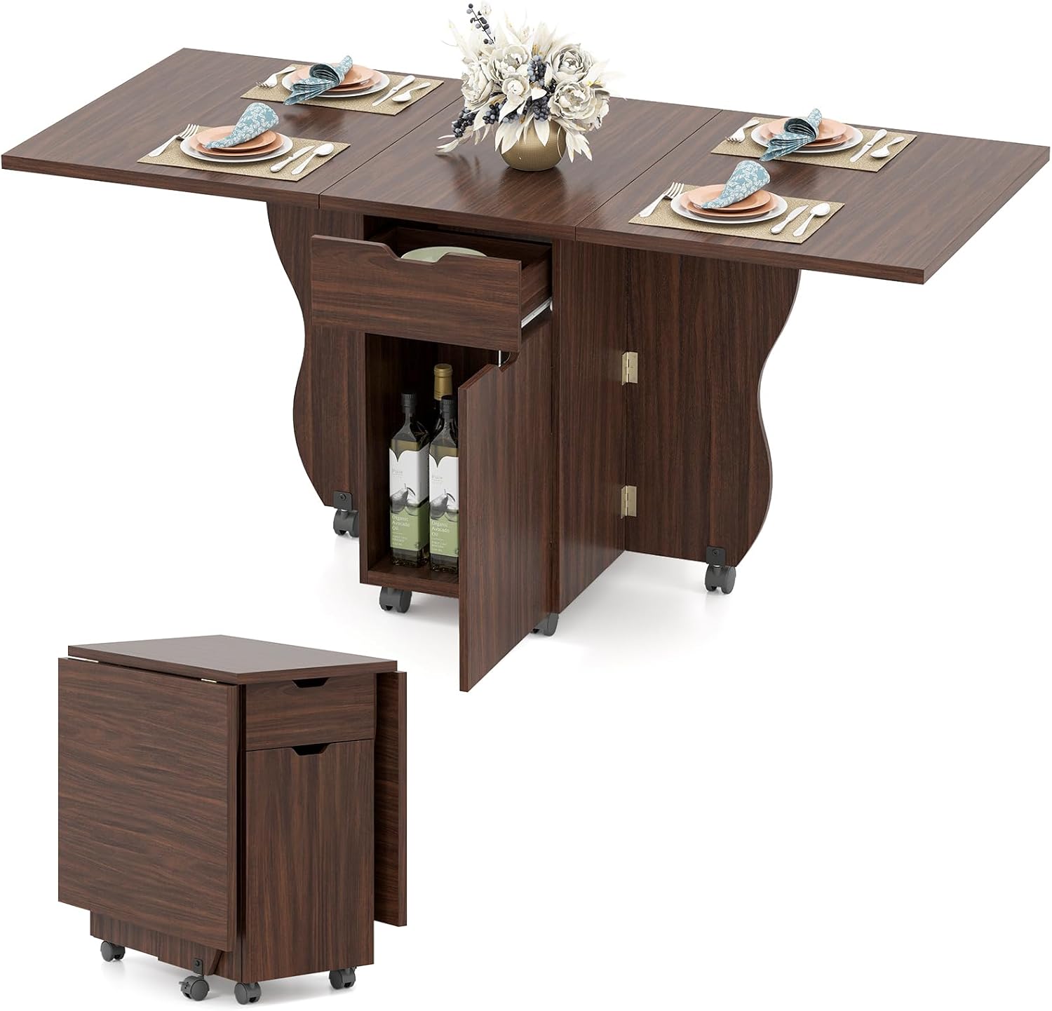 Giantex 3-in-1 Folding Dining Table for 4-6, 69-Inches Drop Leaf Kitchen Table with 2 Drawers and 2 Cabinets, Lockable Wheels, Foldable Dinner Tables for Small Spaces, Dinette (Walnut)