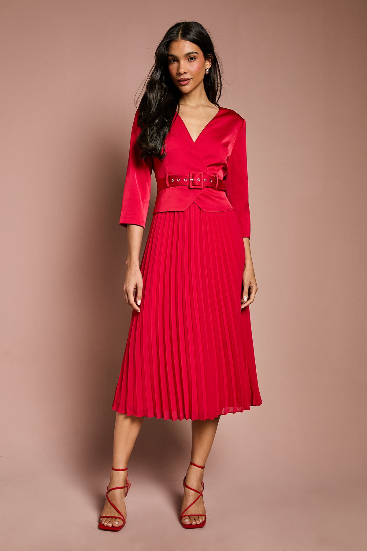 Coast Satin Bodice ¾ Sleeve Pleat Skirt Belted Midi Wedding Guest Dress