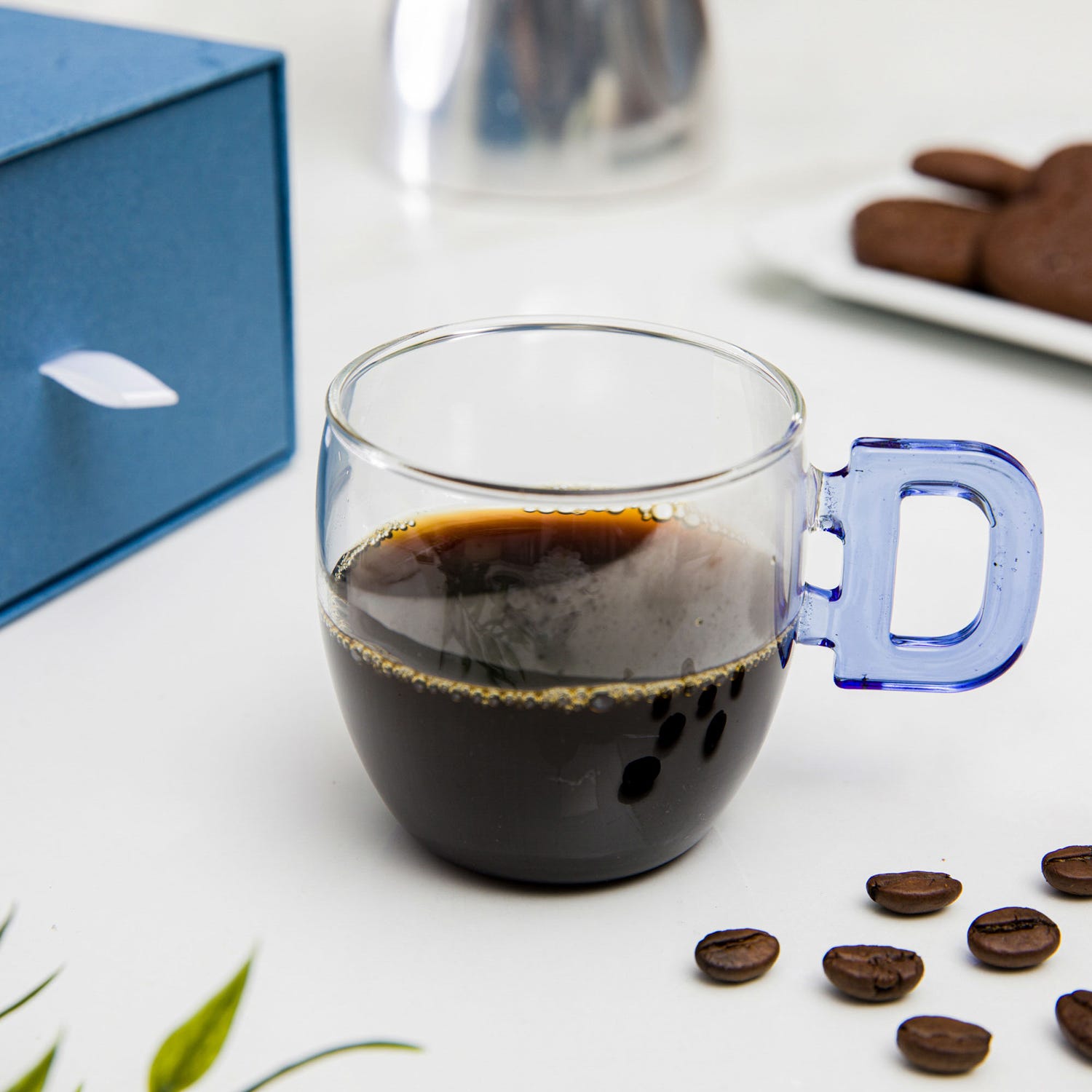 Tazzina caffè lettera D azzurra in vetro borosilicato, 150 ml