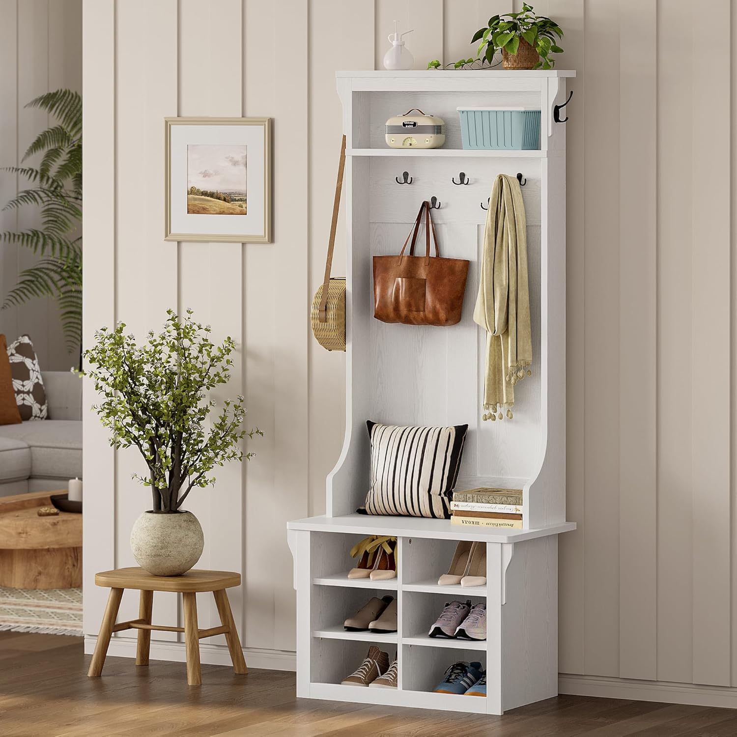 IRONCK Hall Tree with Bench and Shoe Storage, 6-in-1 Entryway Bench with Coat Rack, Adjustable Shelf, Hanging Hooks, 6 Shoe Cubbies, 2-Tier Top Storage, for Entryway, Bedroom, Living Room, White