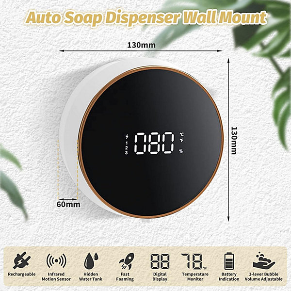 Distributeur de savon automatique 300 ml avec capteur d'affichage LED mural (blanc)