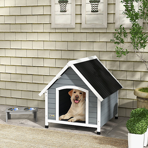 Niche pour chien design chalet sur pied - toit double pente, plancher amovible - plastique noir bois blanc gris