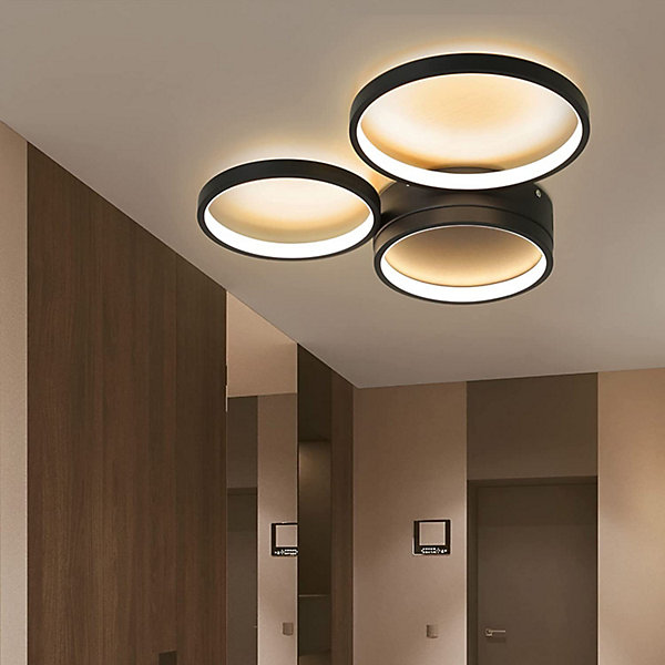 NETTLIFE Plafonnier LED 22W chambre noir blanc chaud avec 3 anneaux design décoration moderne pour salon chambre d'enfant couloir