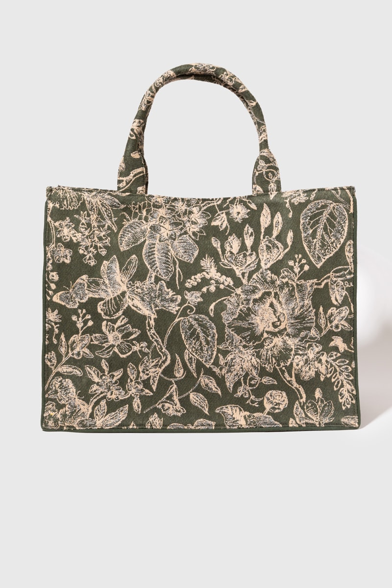 Jeanna Floral Canvas Tote Bag Olive Green