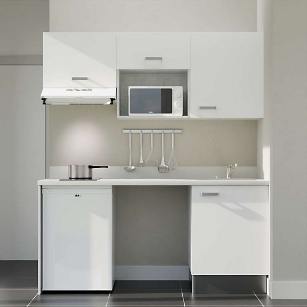 Kitchenette K55 - 180 cm - façades Blanc - Plan monobloc en quartz coloris Snova évier à droite - Electroménager Blanc