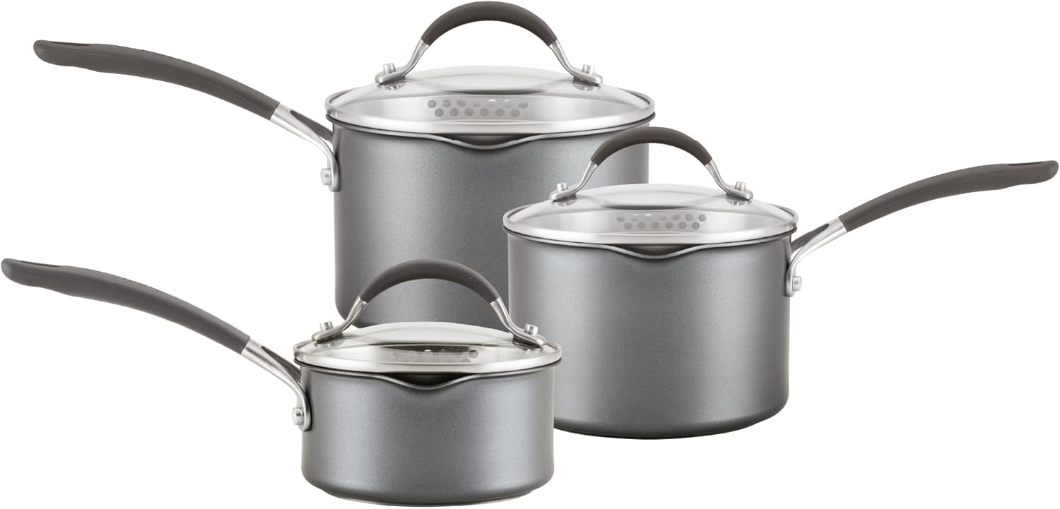Circulon Scratch Defense Saucepan Set - Induction Saucepan Set Non Stick with Lids, 14cm, 16cm & 18cm Dishwasher & Oven Safe Cookware with Straining Lids & Pourings Rims, Graphite Pewter Finish