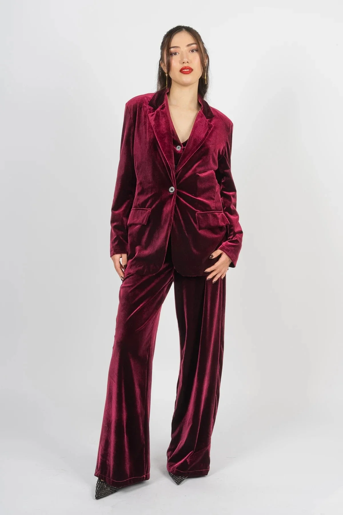 Velvet Wide Leg Trouser in Burgundy