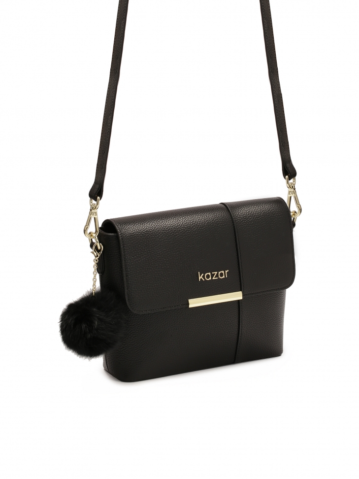 Black shoulder bag with detachable pompom