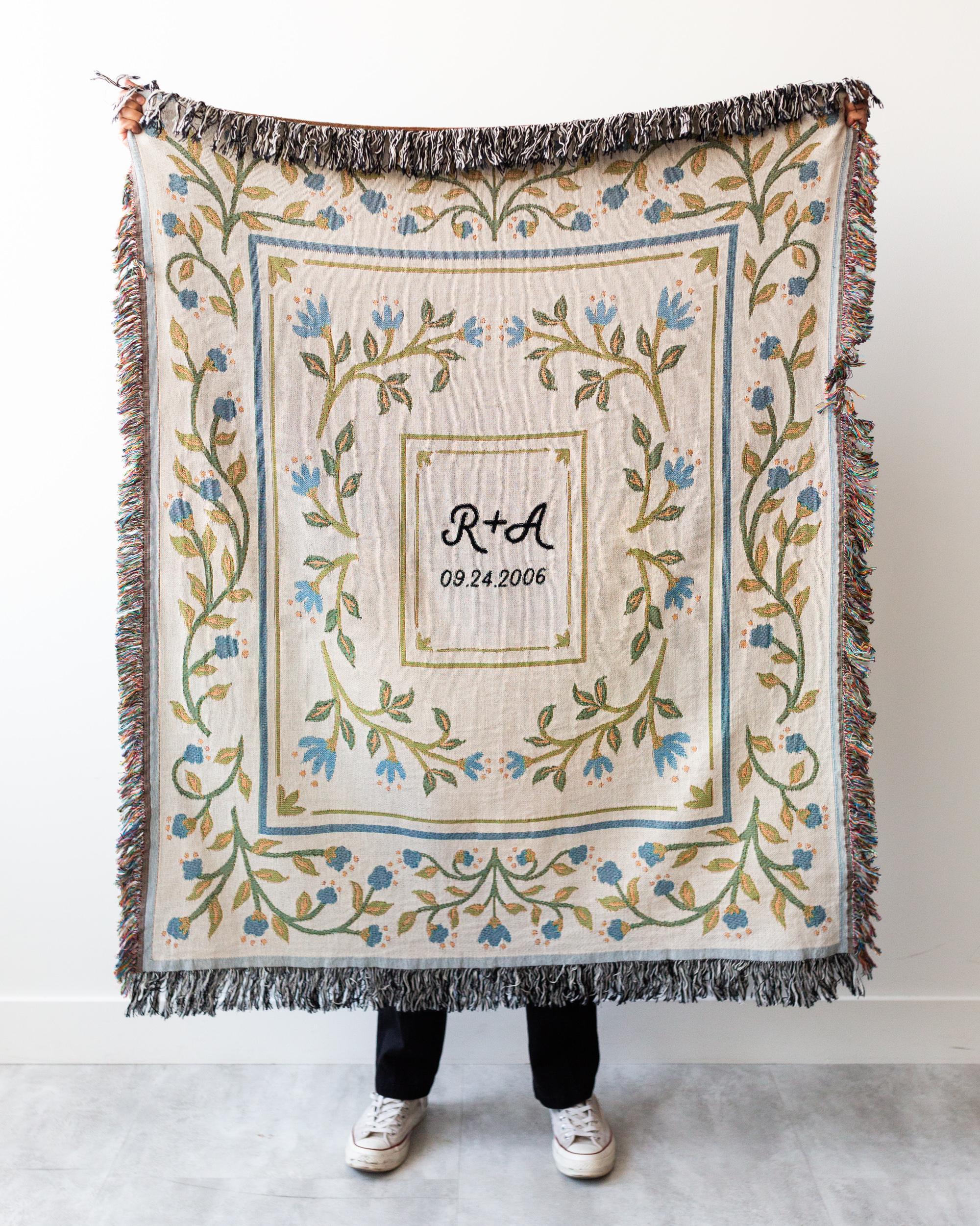 Floral Anniversary Blanket: Personalized Wedding Woven Throw with Couples Initials & Date