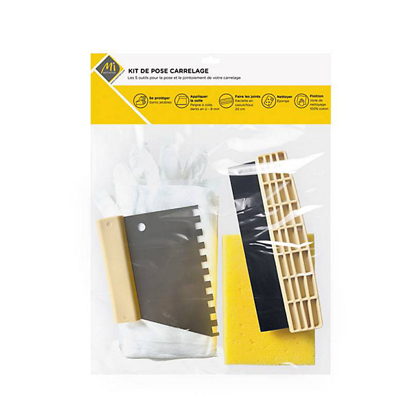 MAT INTER - Kit de pose Carrelage Peigne U9   Raclette 20cm   Eponge hydro   Gants   Voile sachet refermable