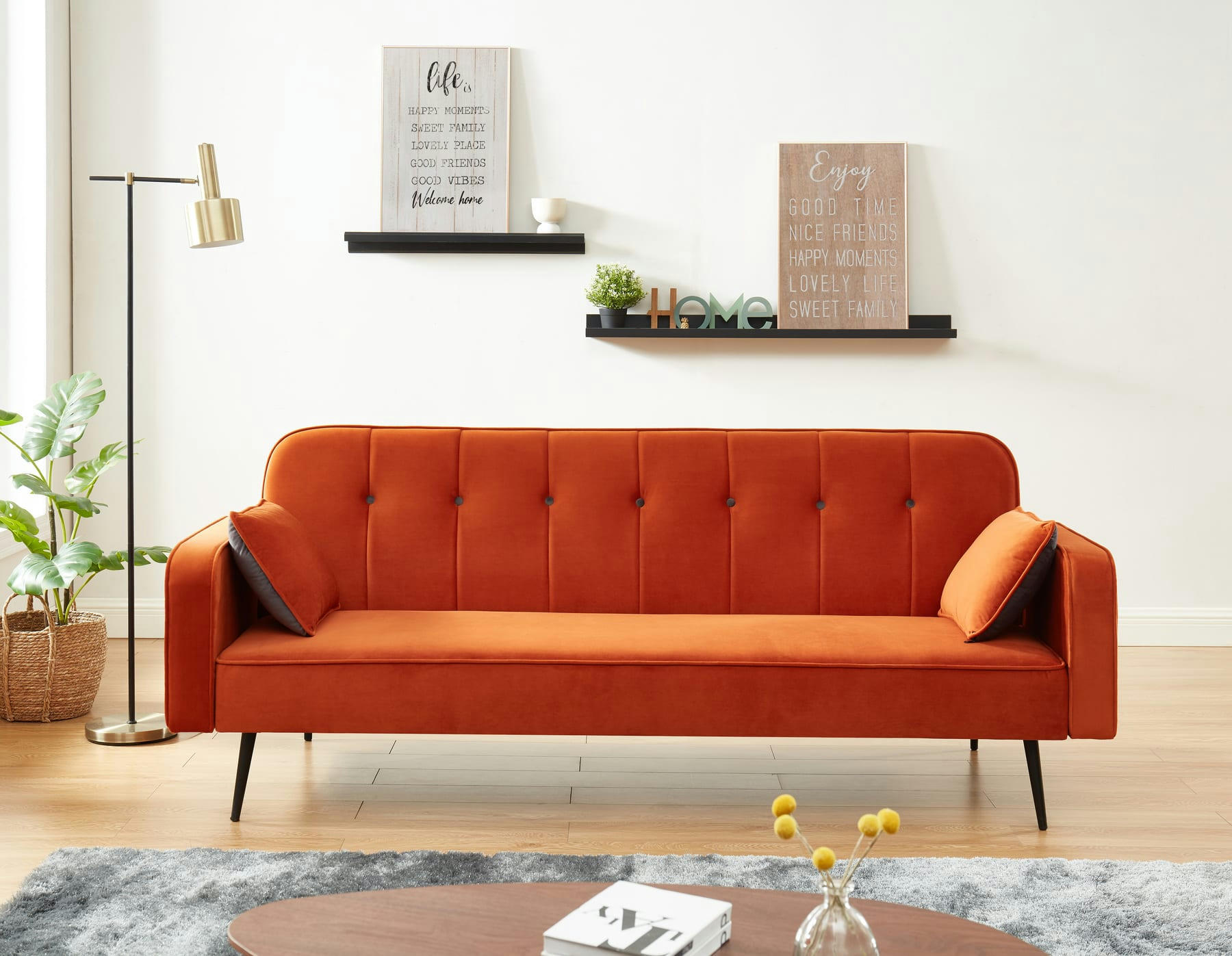 SWEETY - Canapé droit convertible en velours 3 places orange