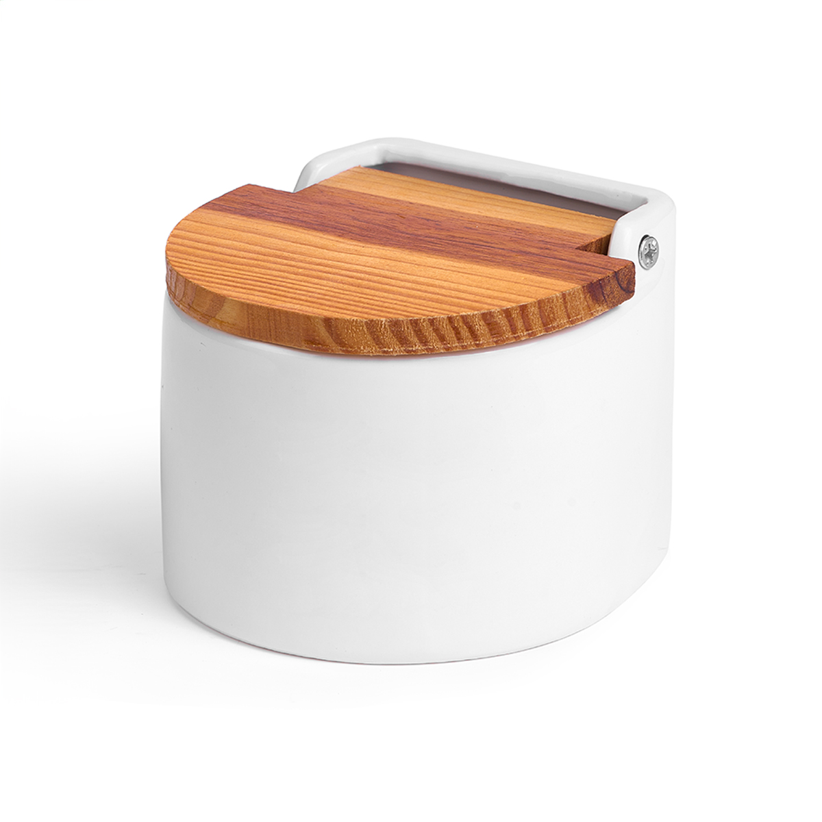 Saleiro branco de cerâmica com tampa em madeira